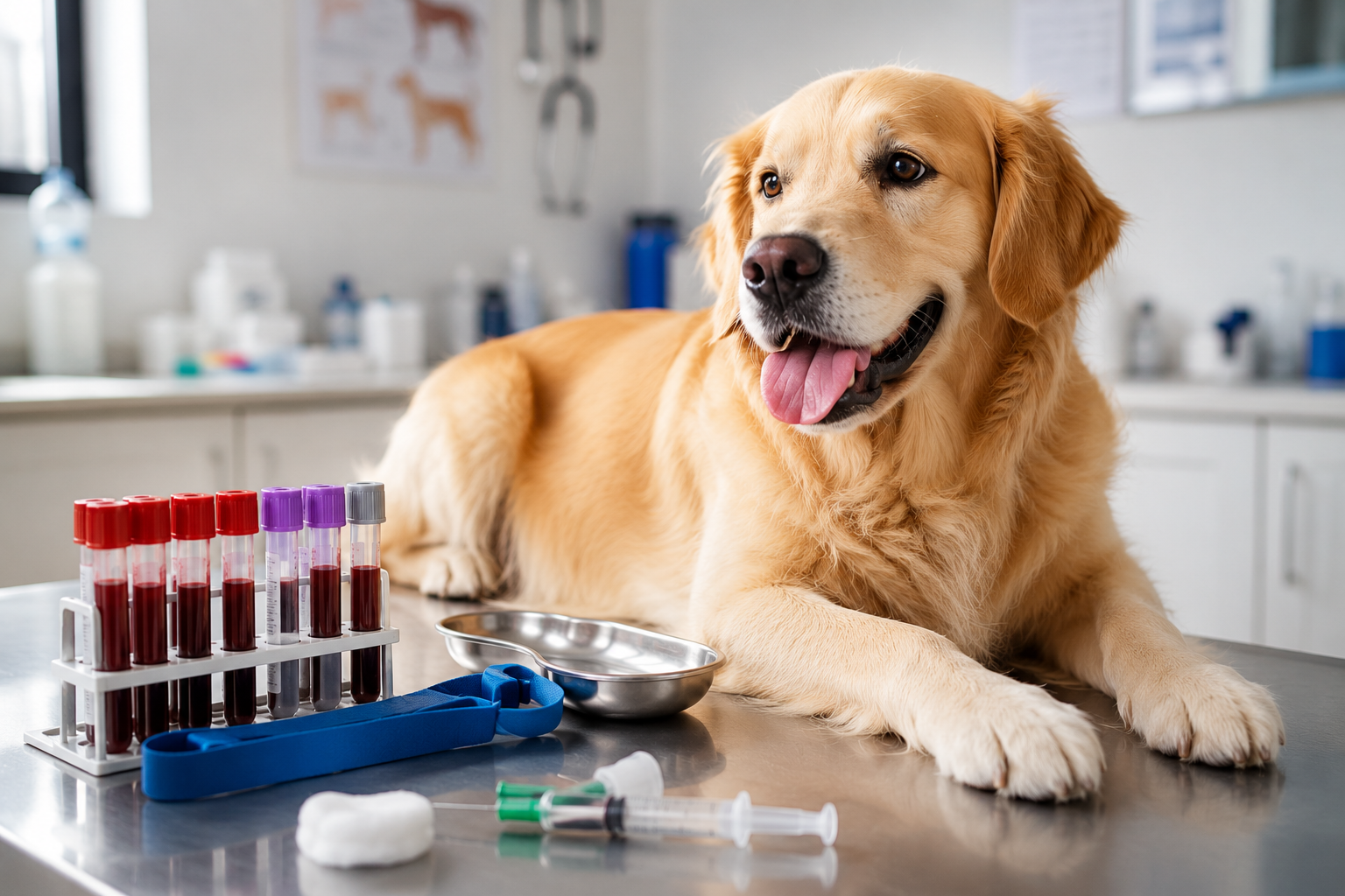 Veterinário transferindo amostra de sangue para tubos de coleta em clínica veterinária